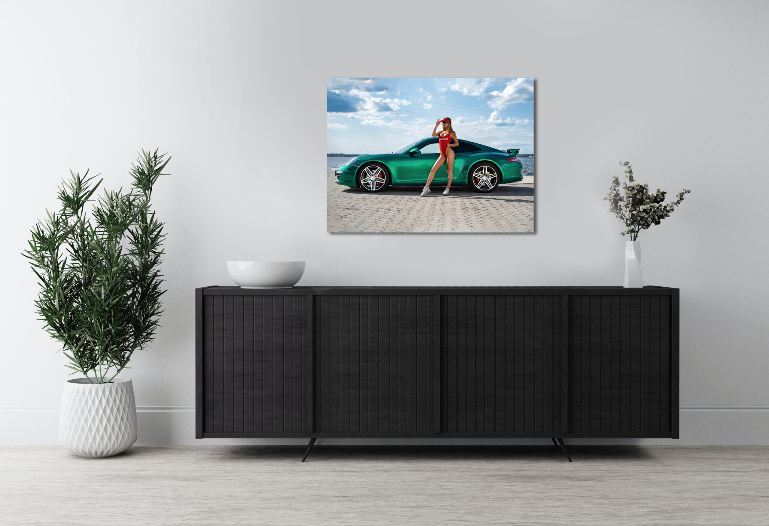 Девушка и зеленая тачка Постер Картина 50х70